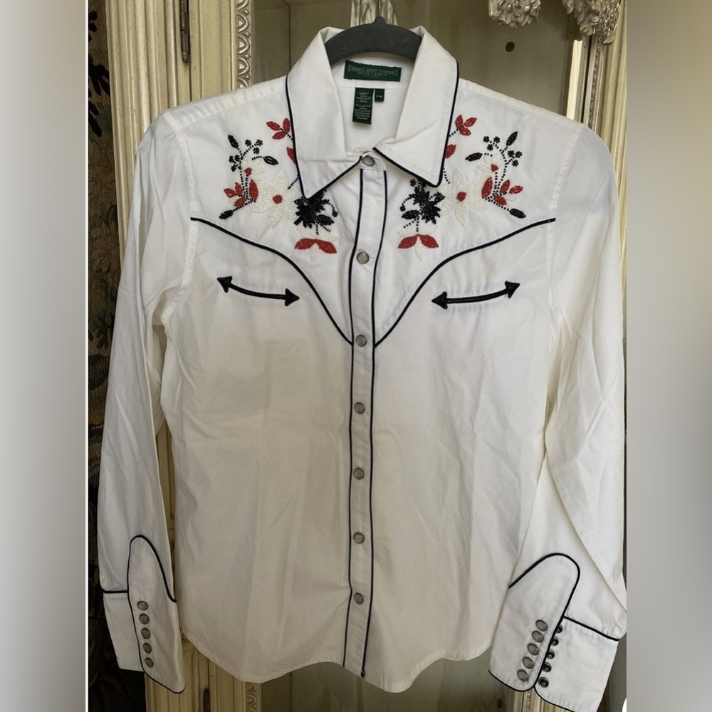 Lauren Jeans Co LRL Women's White w Black Trim Cotton Snaps Up Shirt Western